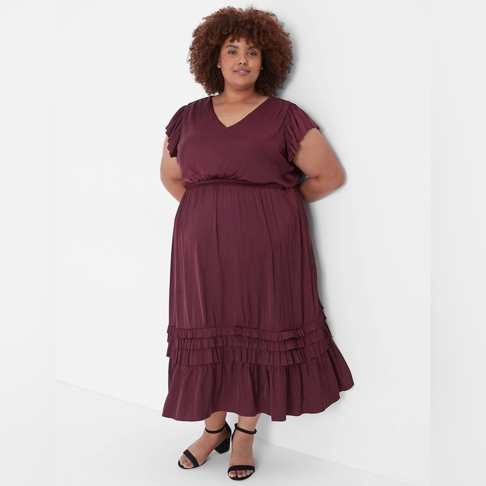 Lane Bryant Maroon Flutter -Sleeve Shirred Midi Dress - Picture 2 of 8